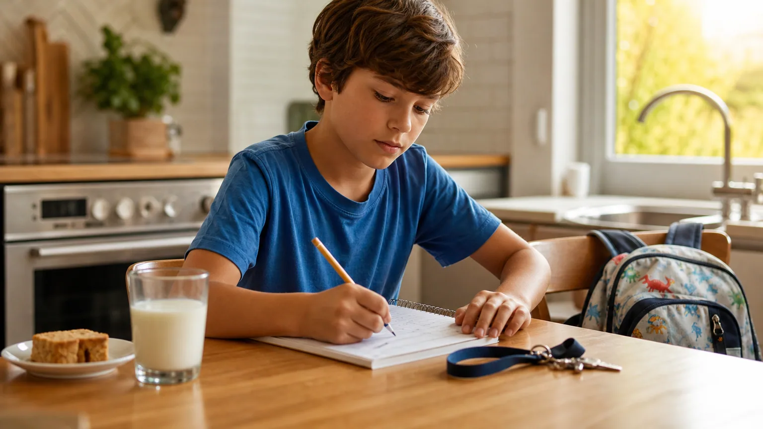 Enfant d'une dizaine d'années faisant ses devoirs seul à la table de la cuisine après l'école