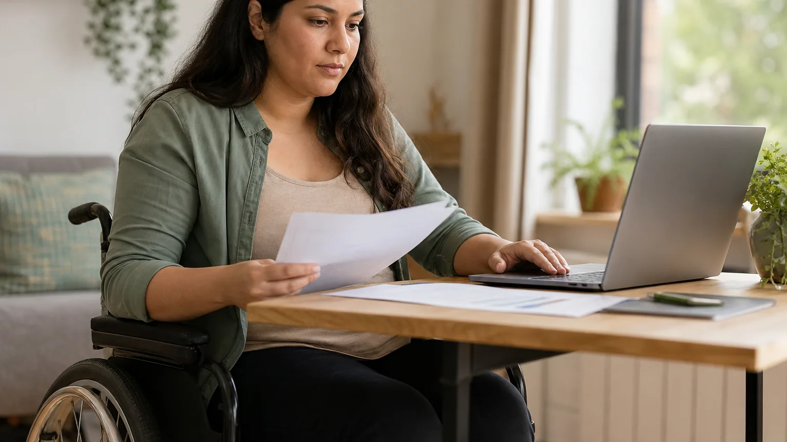 Une femme en fauteuil roulant consulte des documents administratifs à son bureau à domicile