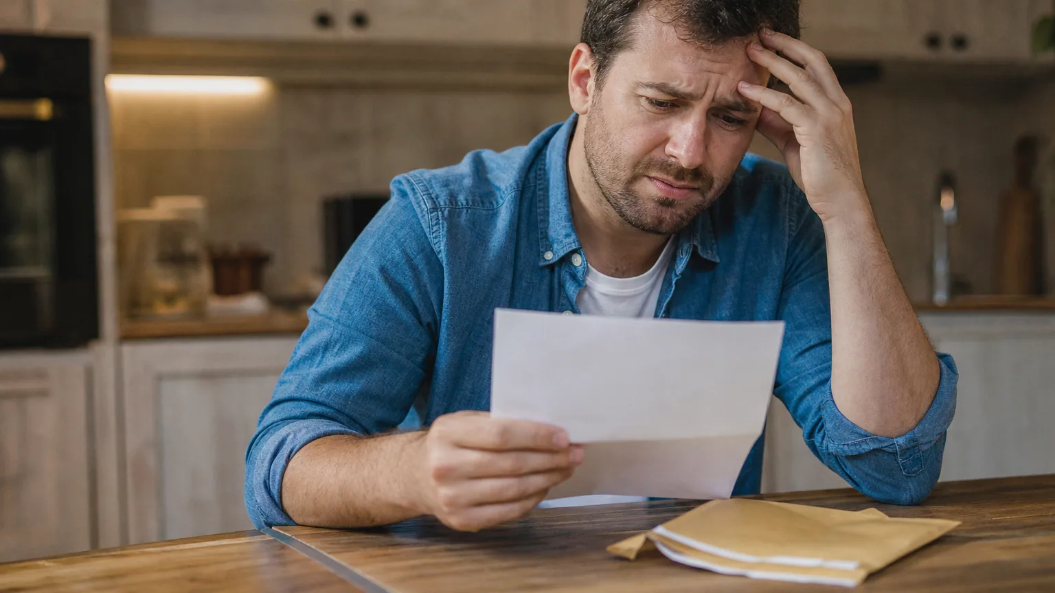Un salarié lit une lettre recommandée à sa table de cuisine, mine préoccupée