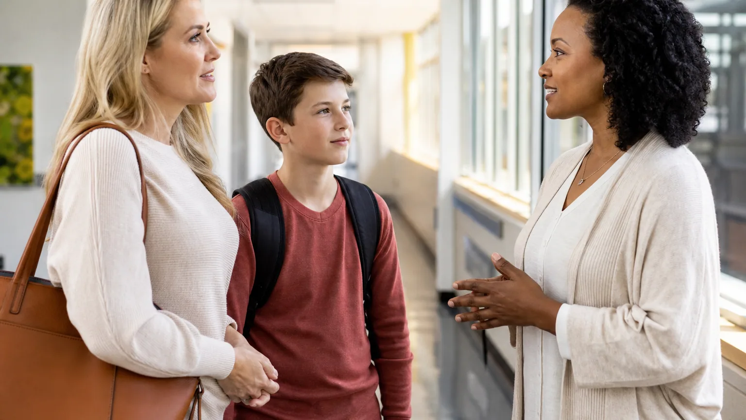 Un parent et un enfant discutent avec une enseignante dans un couloir d'école