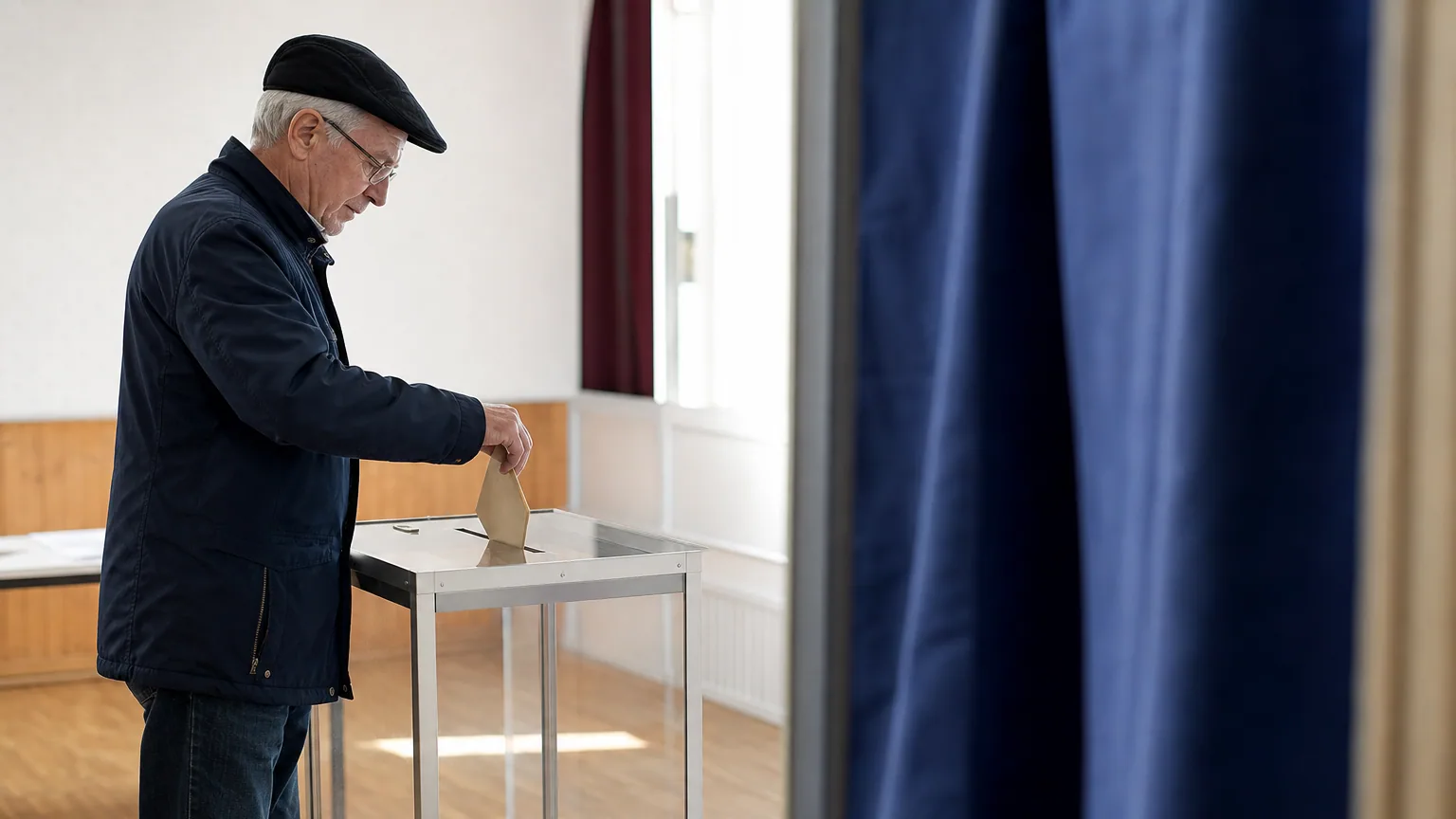 Isoloir vide dans un bureau de vote français pendant qu'un électeur dépose son bulletin