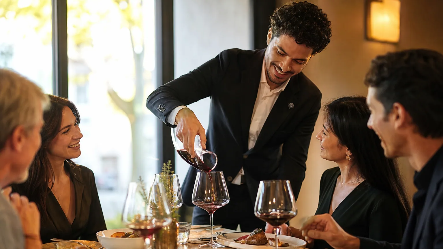 Un sommelier sert un verre de vin rouge à une table conviviale lors d'un dîner