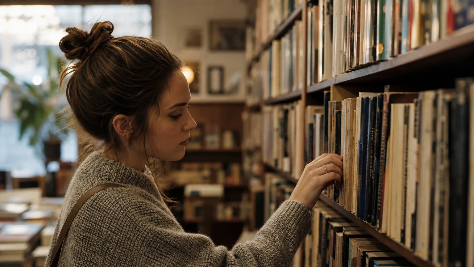 Une lectrice parcourt les rayonnages d'une librairie d'occasion remplie de livres de poche