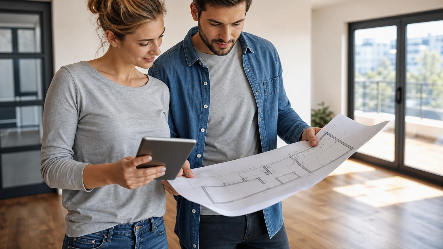 Un couple examine des plans dans un appartement vide et lumineux avant un achat immobilier