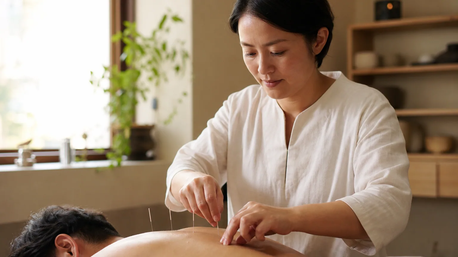 Praticien posant délicatement des aiguilles d'acupuncture sur le dos d'un patient allongé dans un cabinet calme