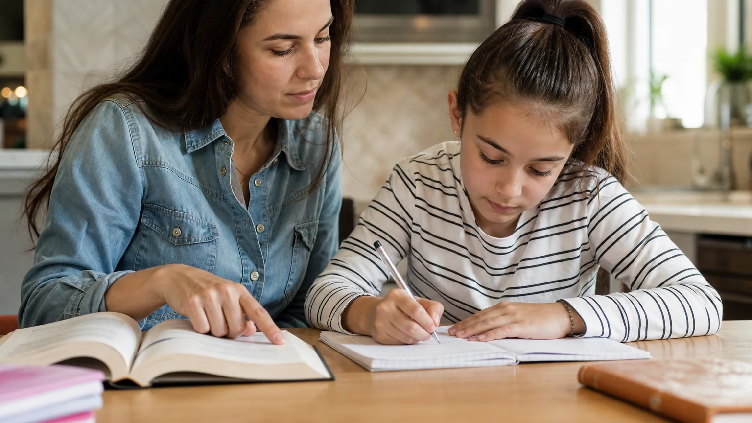 Un parent accompagne calmement son enfant qui fait ses devoirs à la table de la cuisine