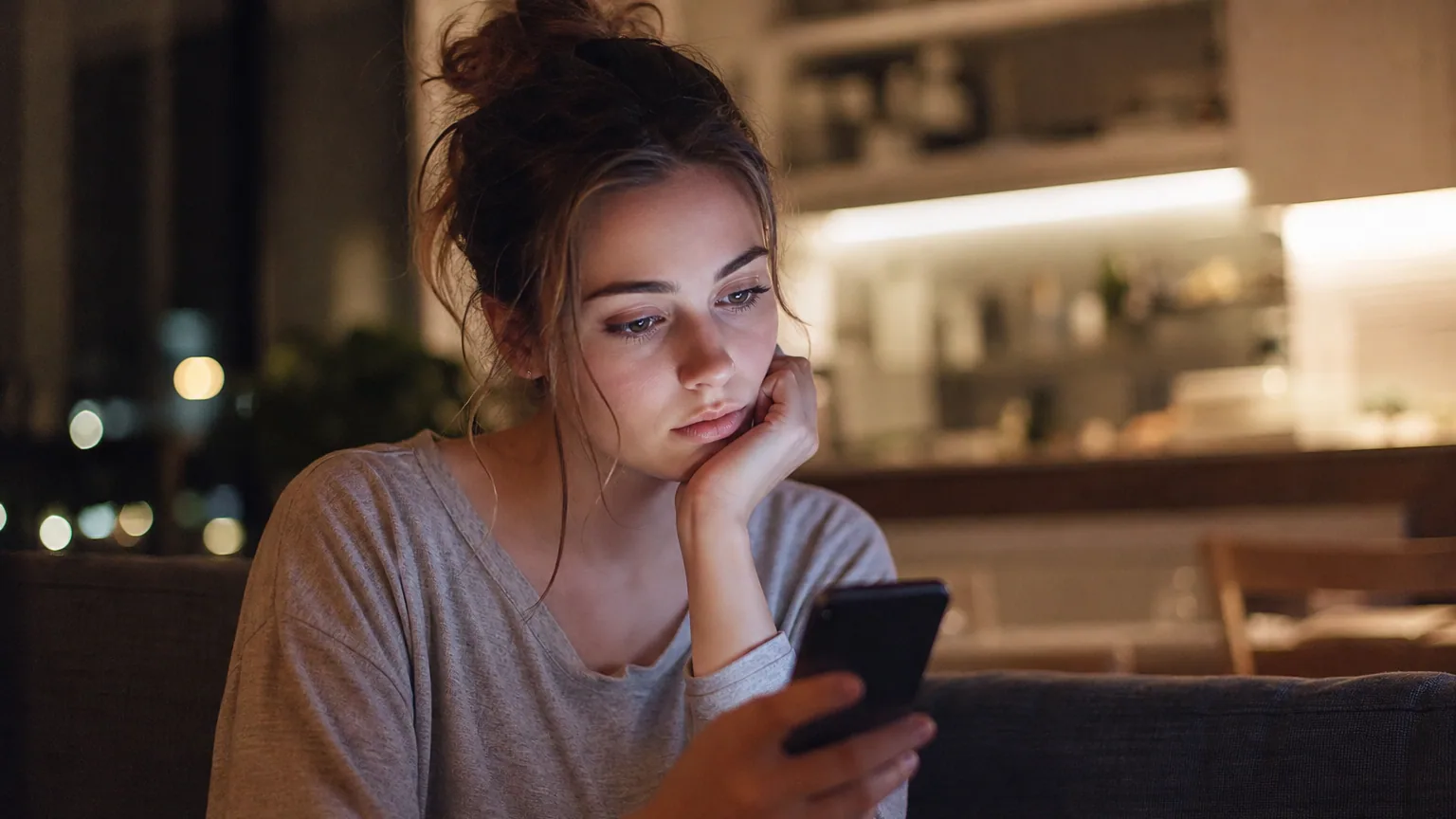 Une jeune femme regarde pensivement son smartphone dans la lumière du soir