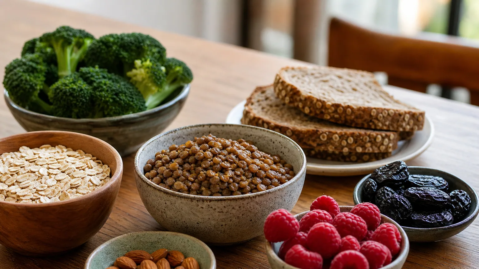 Assortiment d'aliments riches en fibres sur une table en bois : lentilles, flocons d'avoine, pain complet, framboises, pruneaux et amandes