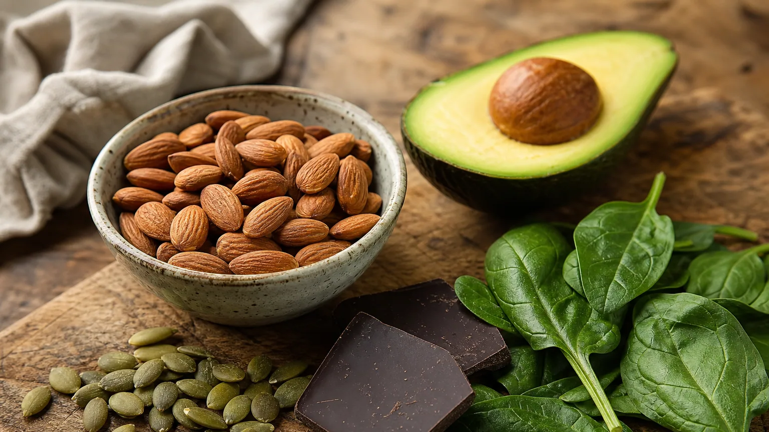 Plateau avec amandes, graines de courge, chocolat noir et épinards frais