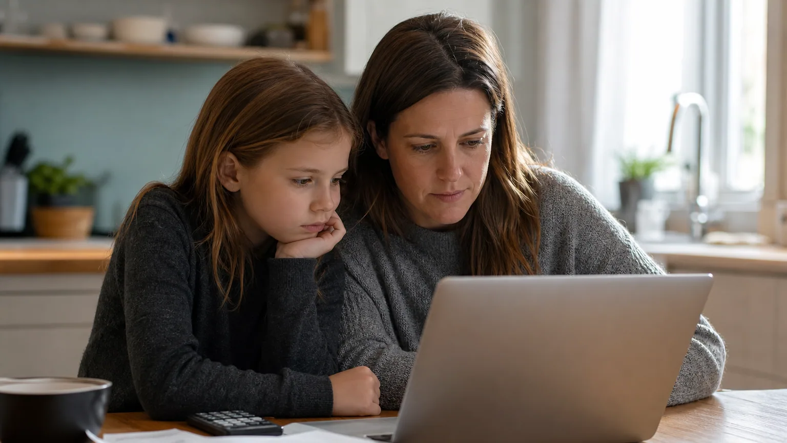 Un parent et son enfant consultent une démarche administrative sur un ordinateur portable à la table de la cuisine