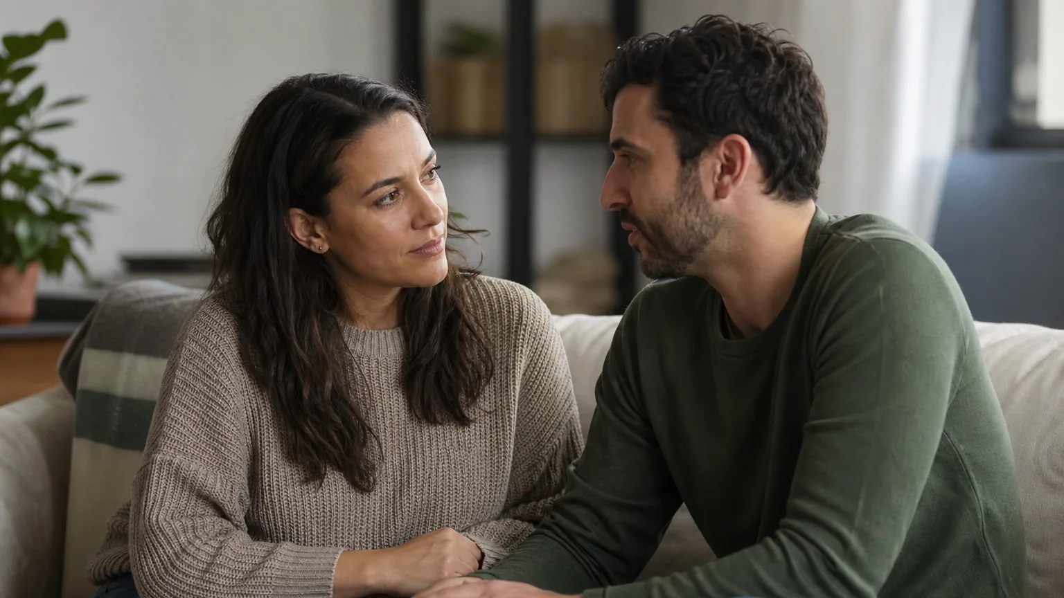 Un couple assis sur un canapé, l'un écoutant attentivement l'autre qui parle