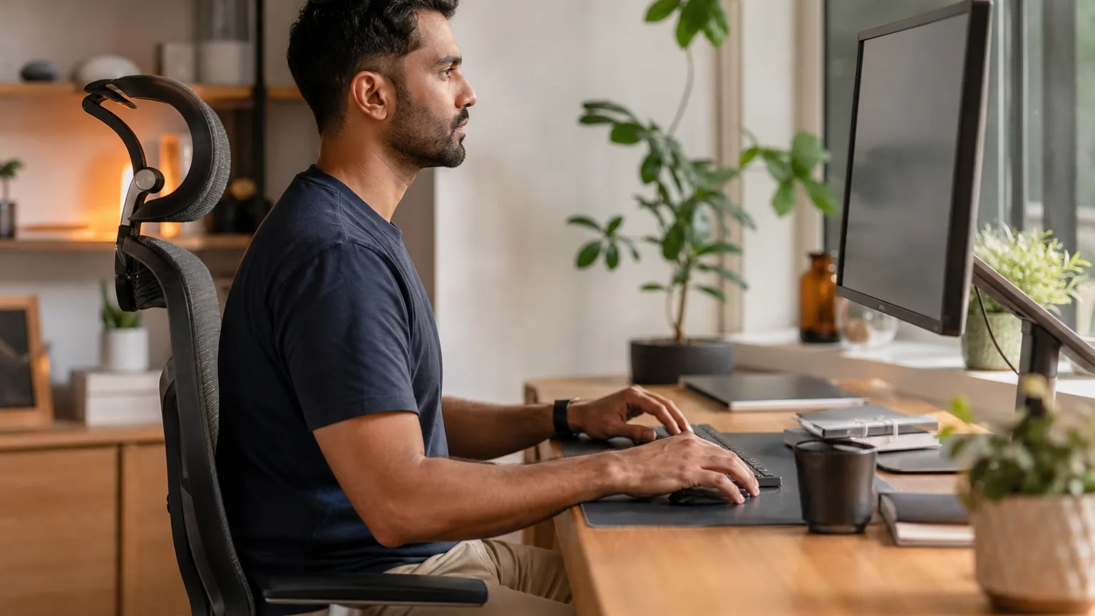 Une personne installée à un bureau à domicile lumineux et bien organisé près d'une fenêtre