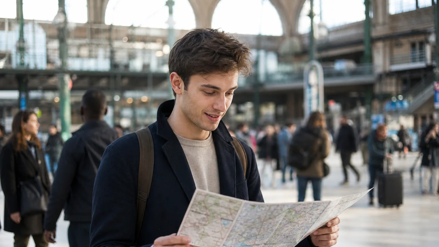 Jeune étudiant avec un sac à dos regardant une carte dans une gare