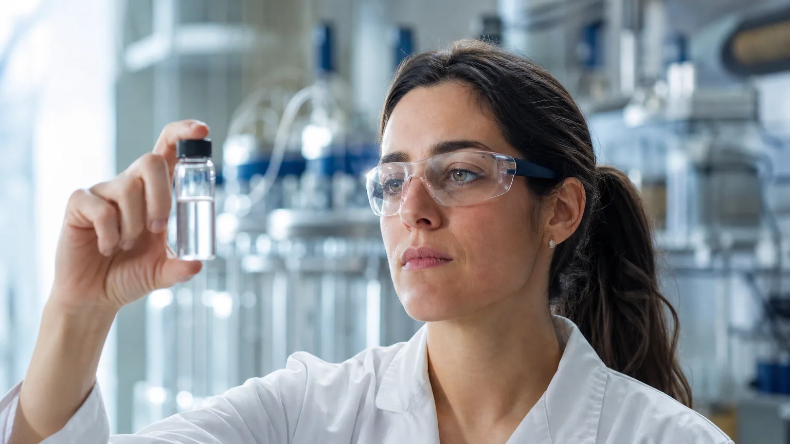 Une chercheuse en blouse blanche examine un flacon dans un laboratoire de biotechnologie