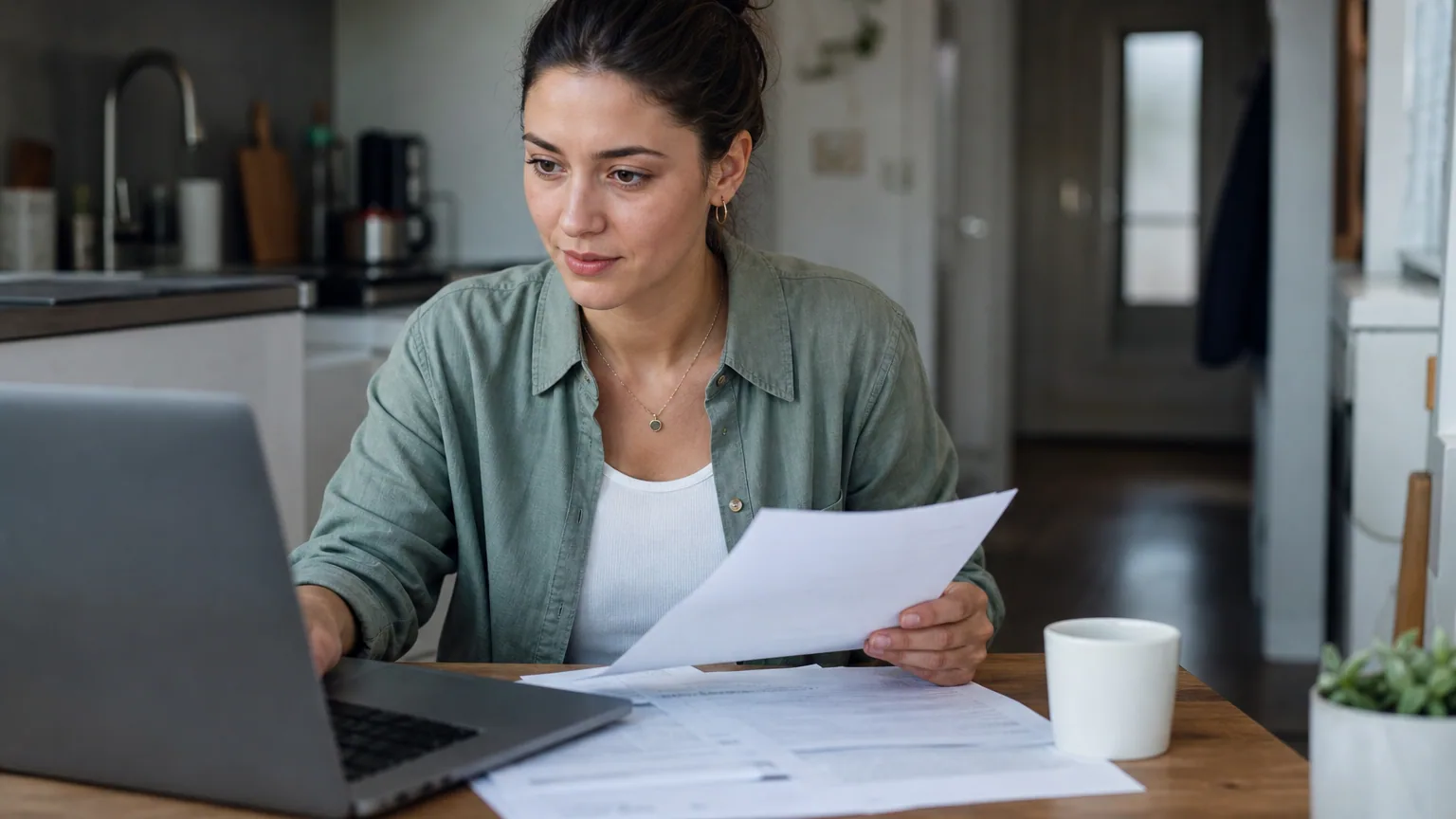 Une jeune femme consulte ses documents et son ordinateur portable dans son appartement pour estimer ses droits aux APL