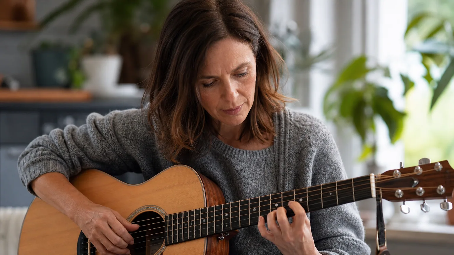 Une femme adulte apprend la guitare chez elle, concentrée sur ses doigts près d'une fenêtre
