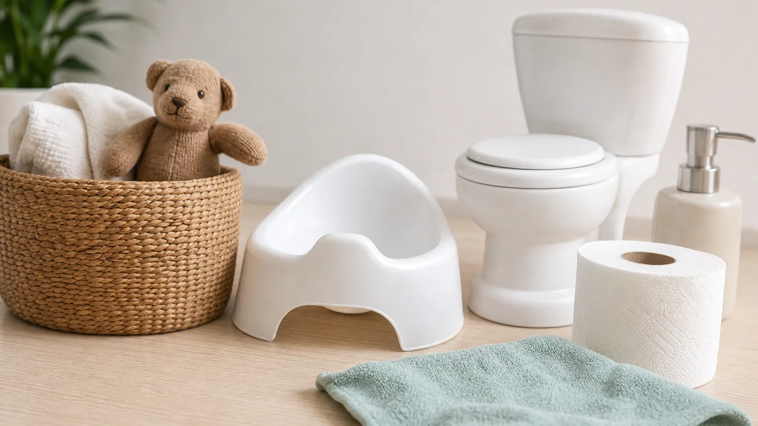 Un jeune enfant assis sur son pot accompagné par un parent souriant dans une salle de bain