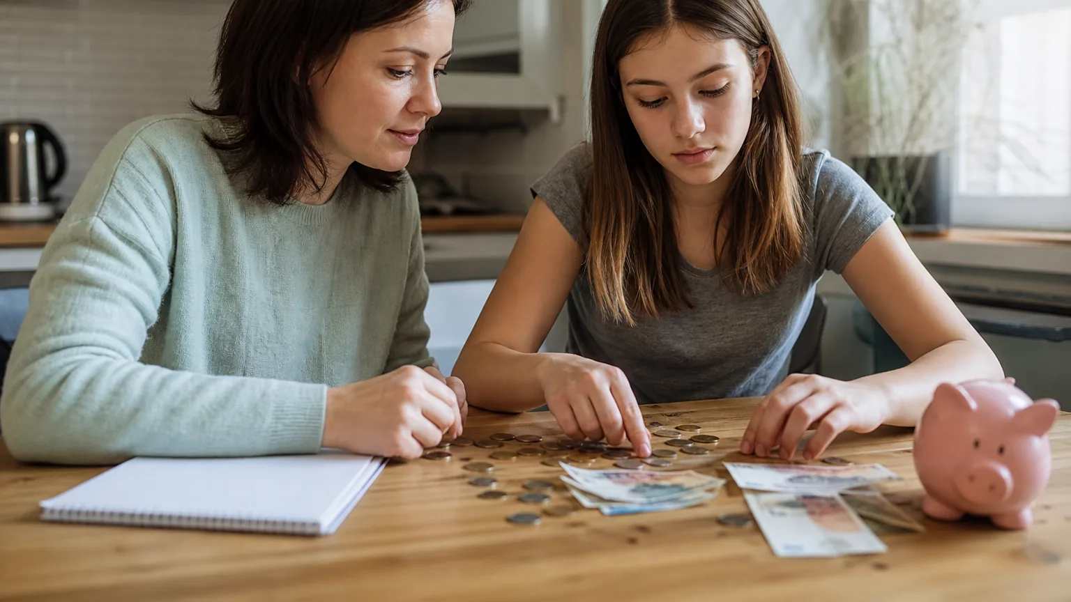 Une adolescente compte de l'argent de poche à la table de la cuisine avec sa mère