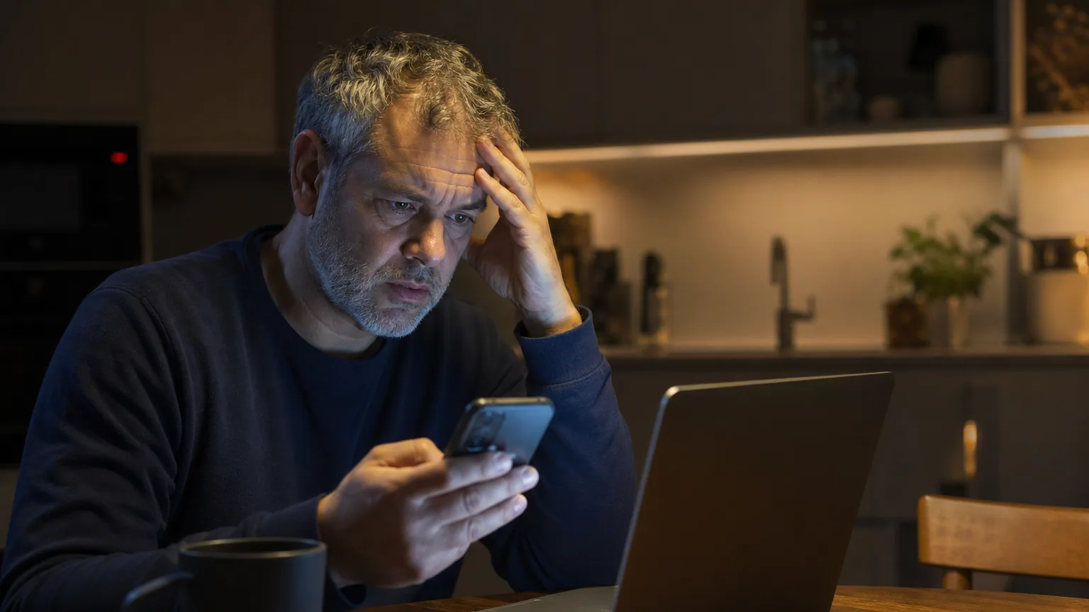 Une personne inquiète consulte un message suspect d'investissement sur son ordinateur le soir