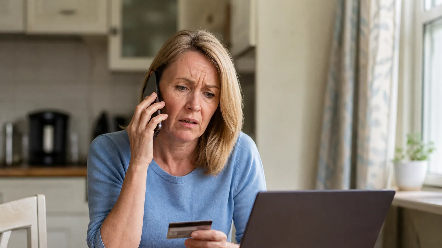 Une femme inquiète au téléphone, carte bancaire et ordinateur posés devant elle sur une table