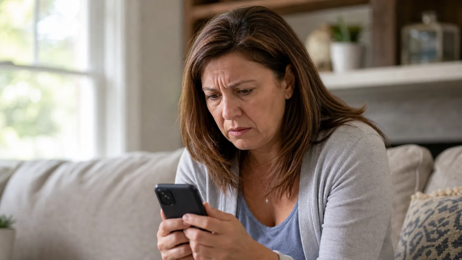 Une femme inquiète regarde un SMS suspect sur son smartphone dans son salon