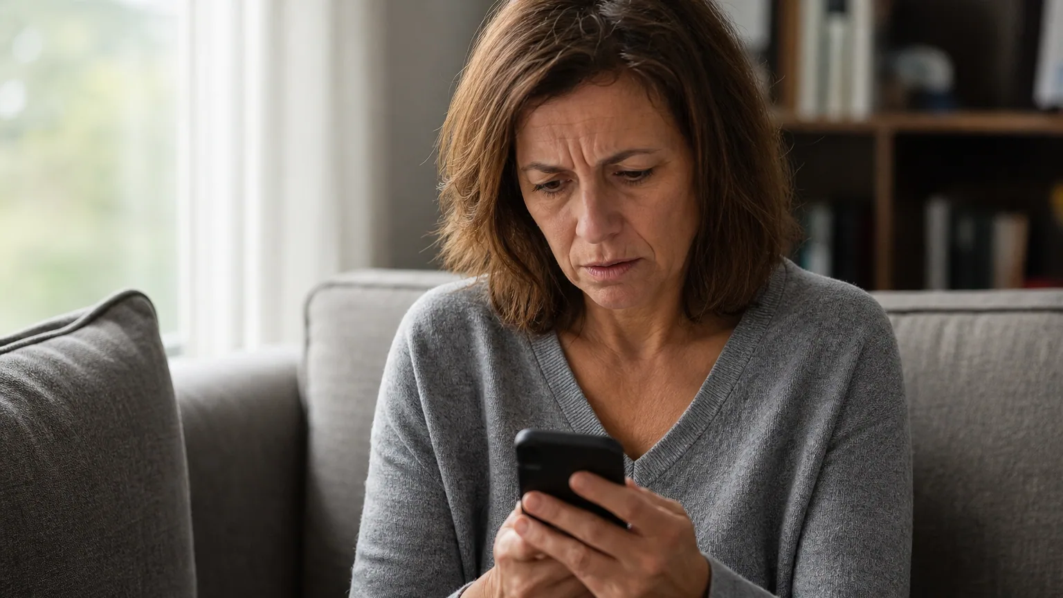 Une femme inquiète examine un SMS suspect sur son smartphone dans son salon