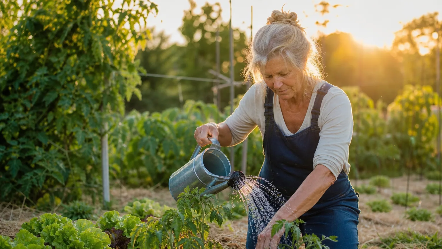 Jardinier arrosant un potager paillé au lever du jour avec un arrosoir