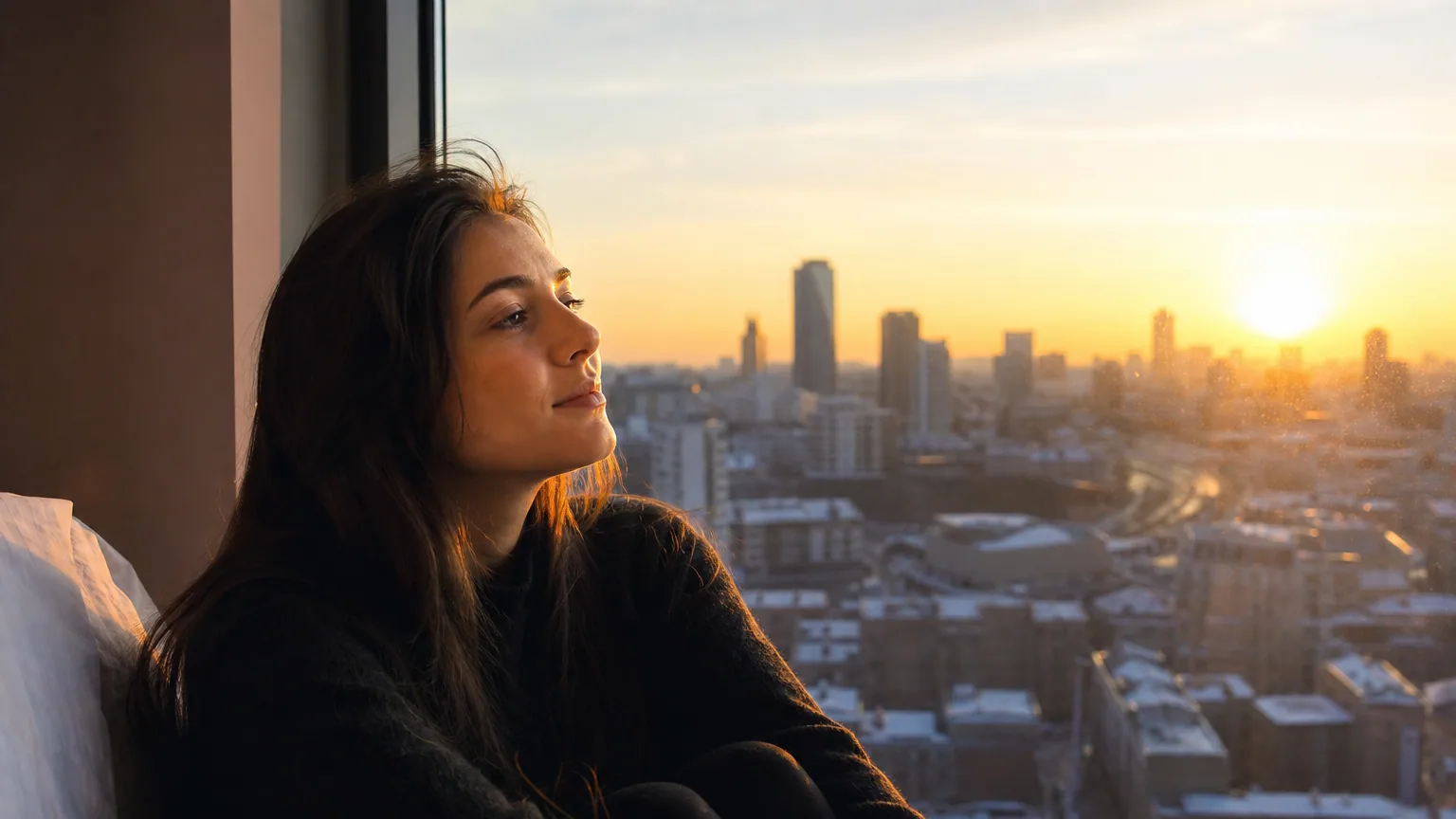 Une femme contemplant le lever du soleil à l'horizon par une fenêtre, à l'aube