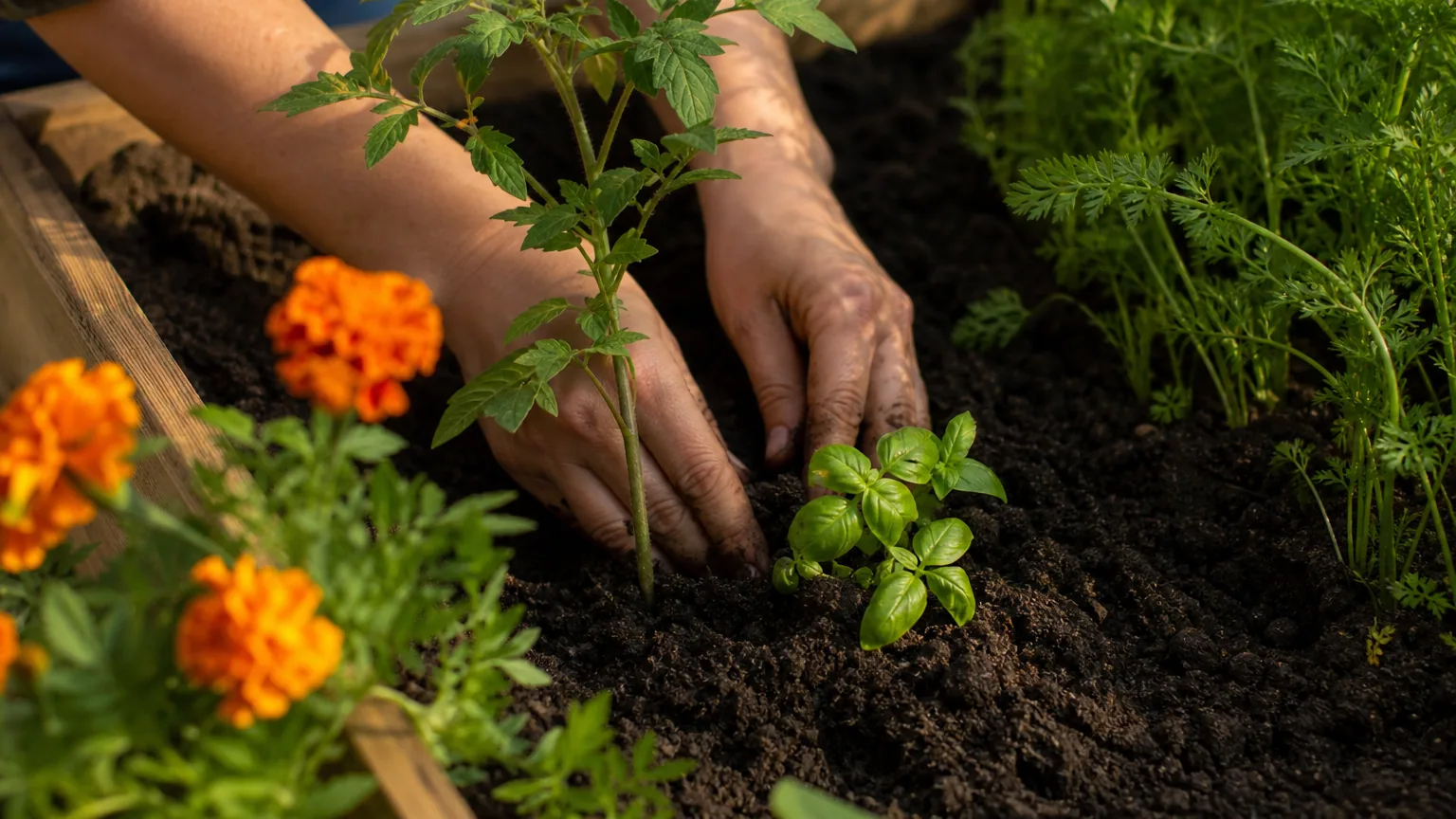 Mains d'un jardinier plantant tomates et basilic dans un carré potager en bois