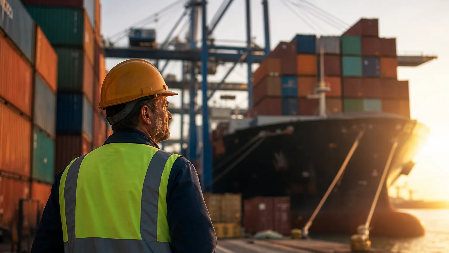 Un docker observe des conteneurs empilés sur un terminal portuaire au coucher du soleil
