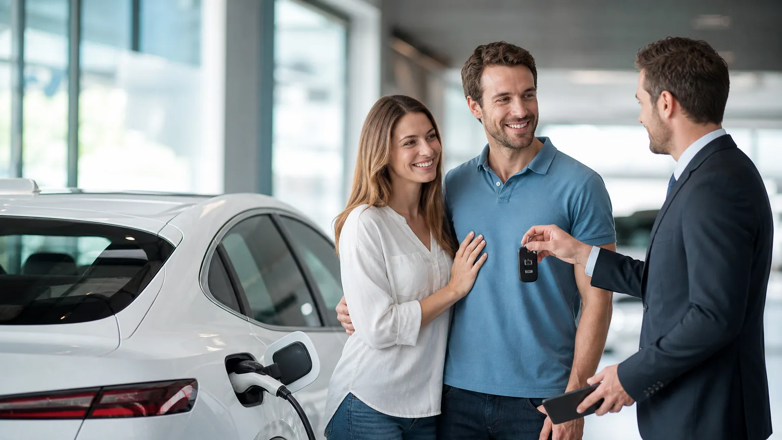 Un couple reçoit les clés d'une voiture électrique chez un concessionnaire