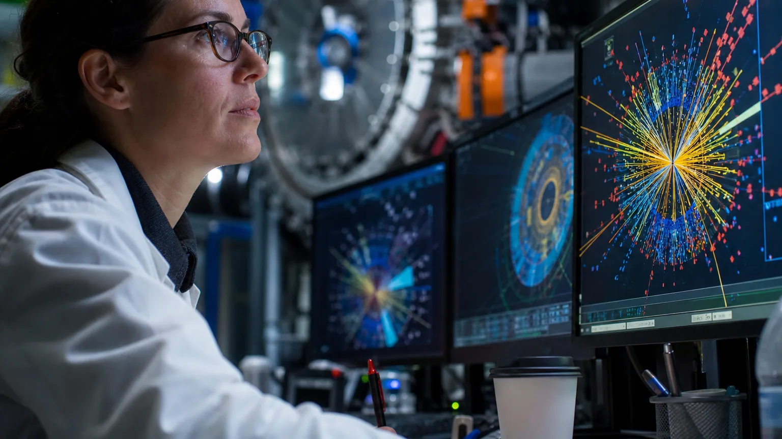 Une physicienne observe des données de collisions de particules sur des écrans dans une salle de contrôle.