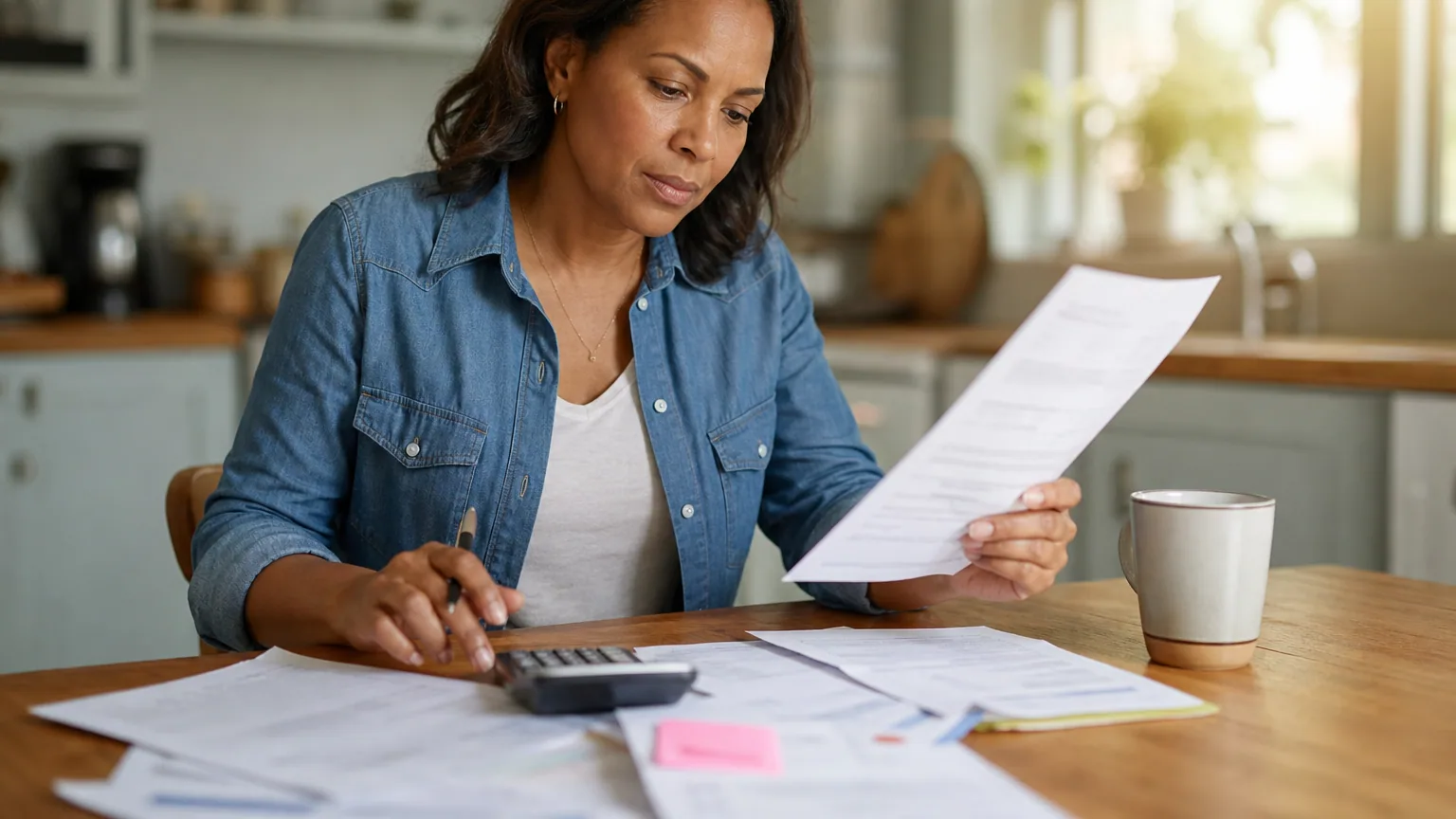 Une femme calcule le montant de son indemnité à partir de documents administratifs posés sur une table
