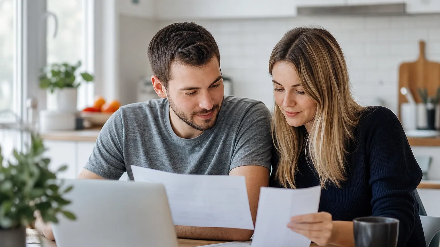 Un couple calcule sa capacité d'emprunt immobilier sur un ordinateur portable à la maison