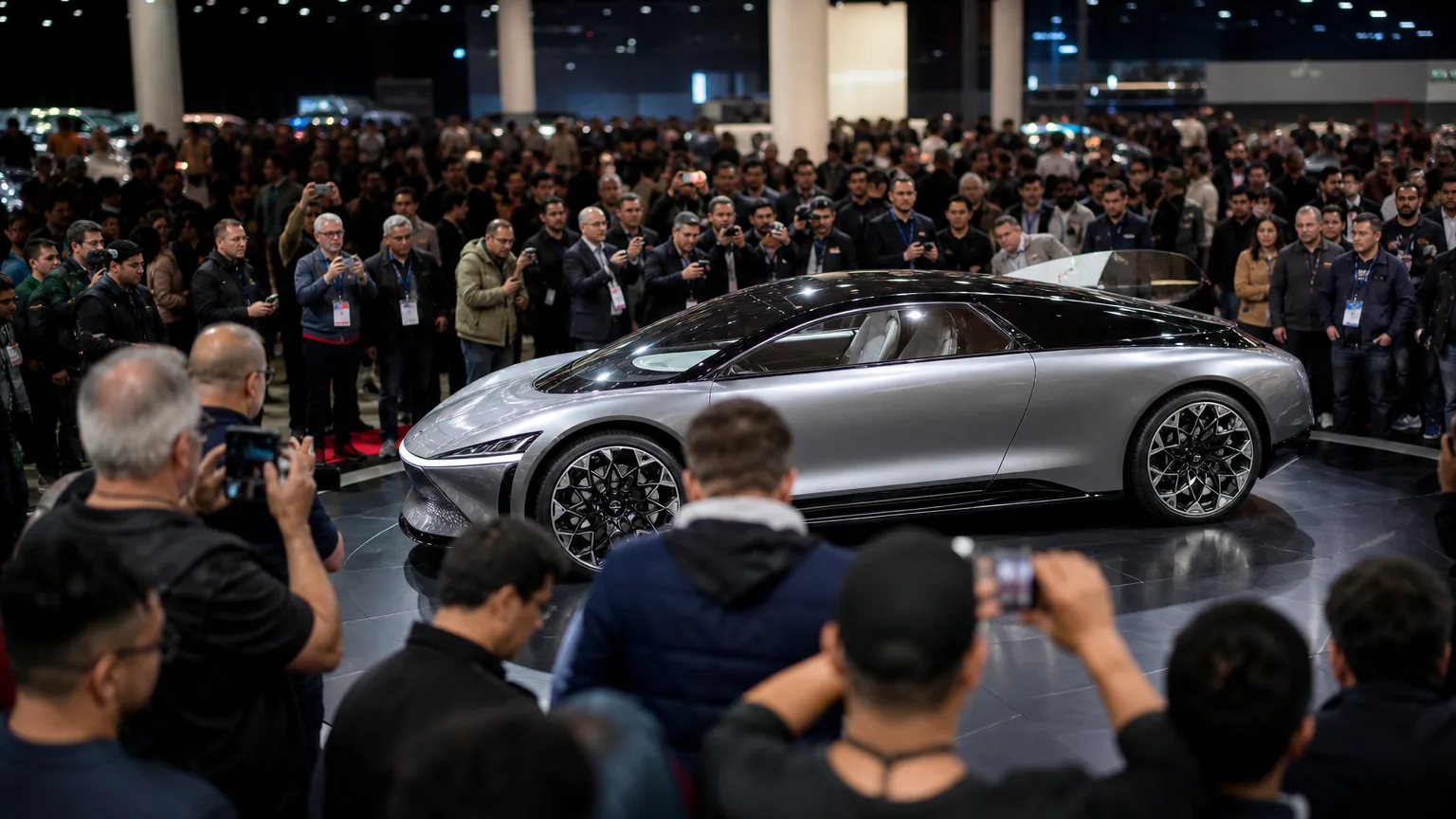 Visiteurs réunis autour d'un concept-car électrique sous les projecteurs d'un salon automobile