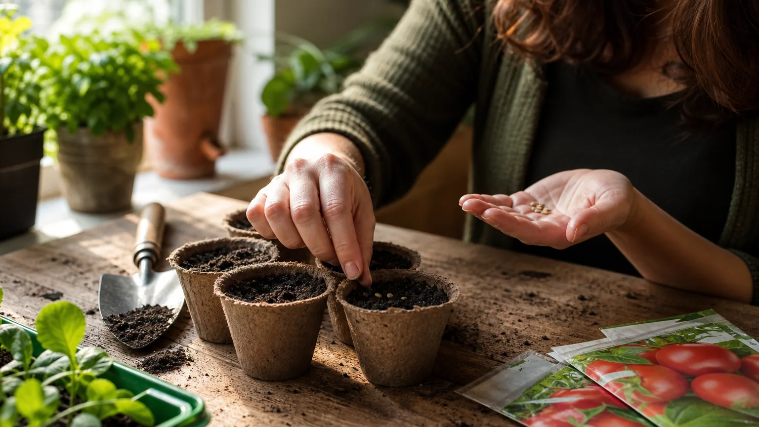 Mains d'une jardinière semant des graines dans des godets de terreau près d'une fenêtre ensoleillée