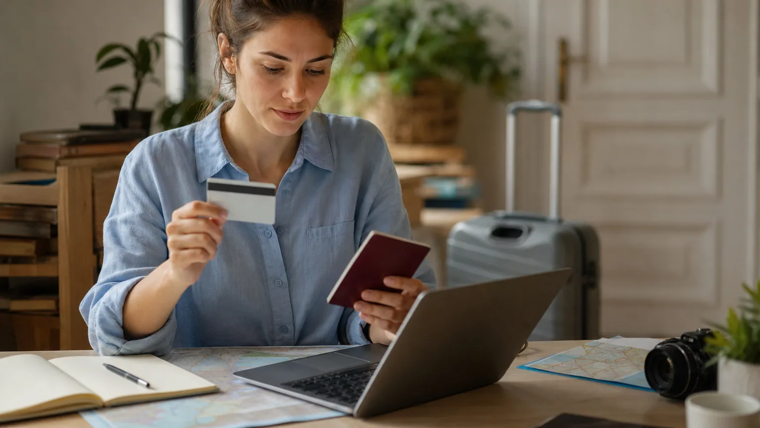 Voyageuse préparant ses papiers de voyage sur une table, passeport et cartes en main devant un ordinateur portable