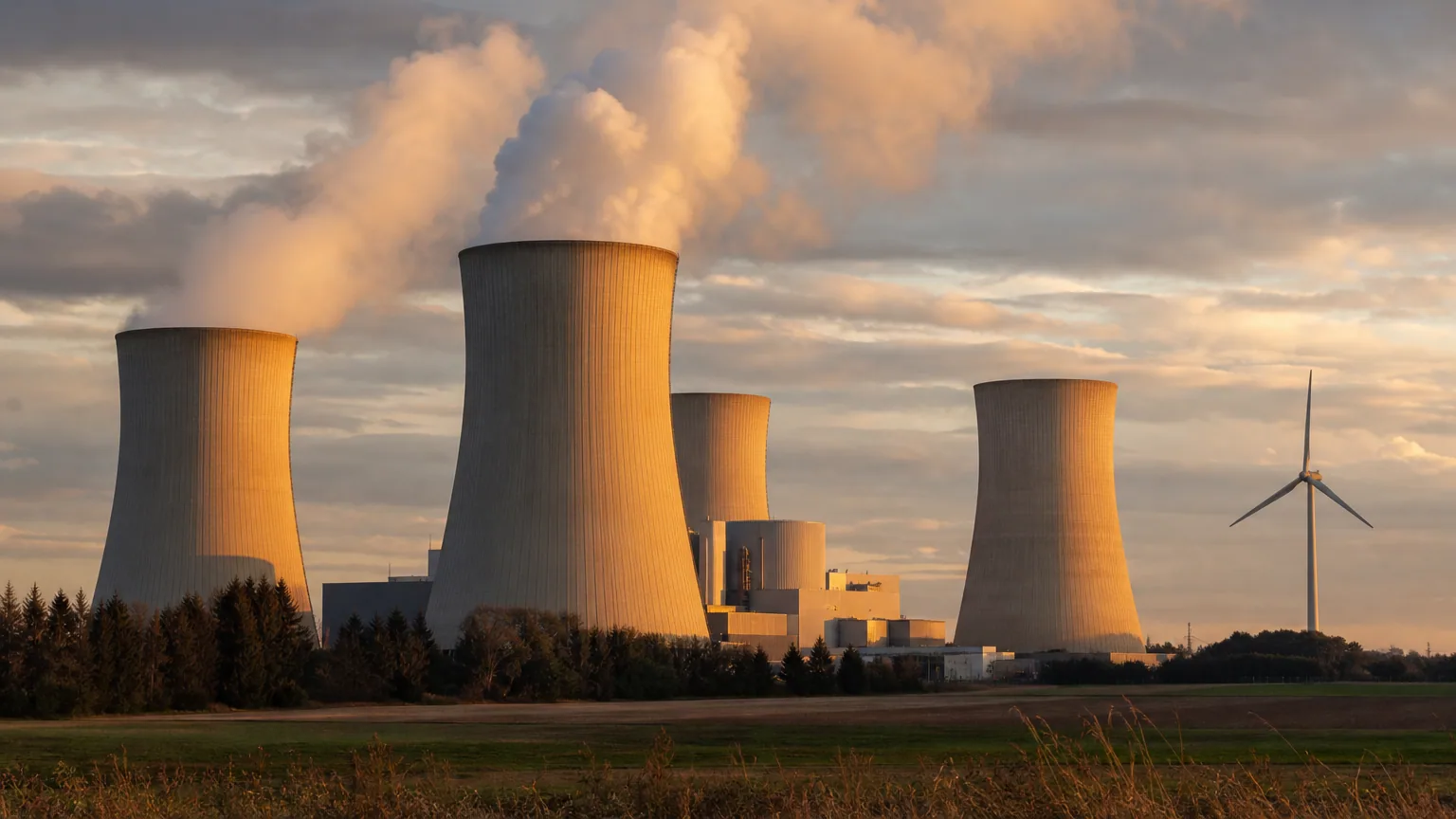 Centrale industrielle émettant de la vapeur au coucher du soleil, avec une éolienne en arrière-plan