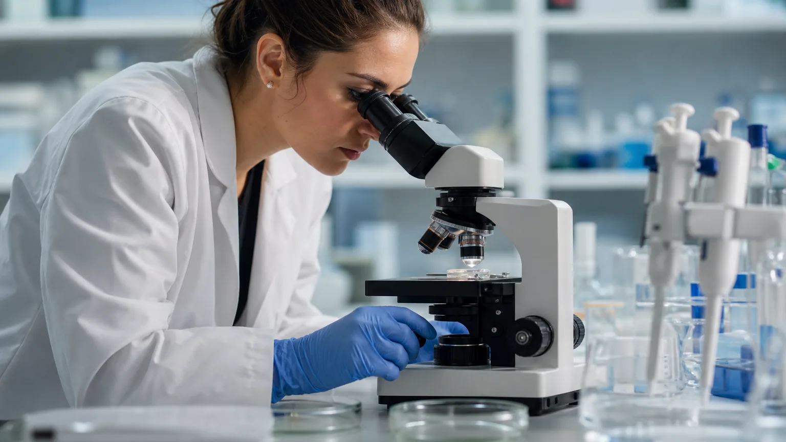 Une chercheuse observe des cellules au microscope dans un laboratoire de recherche médicale.