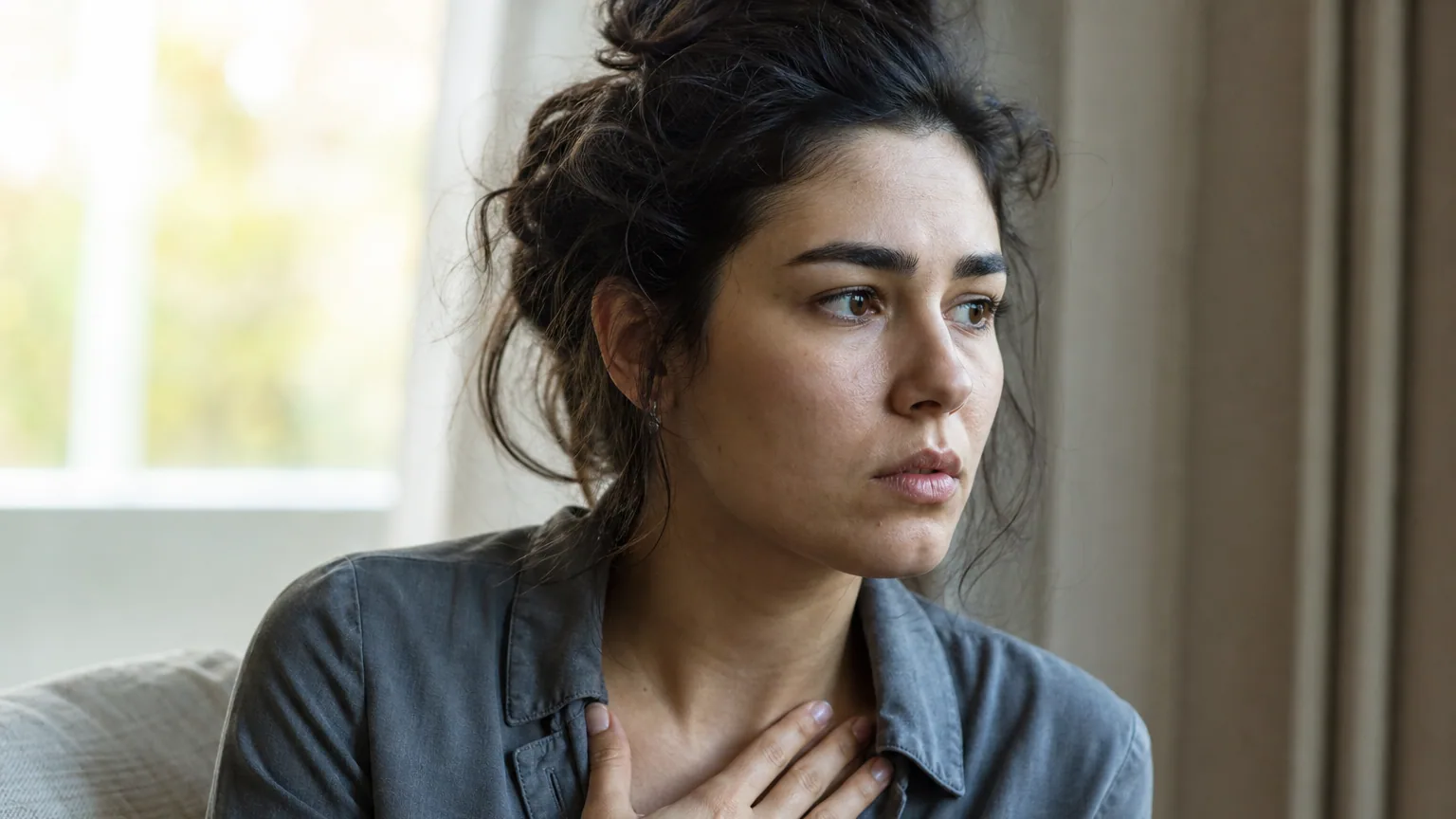 Une jeune femme pensive près d'une fenêtre, la main posée sur sa poitrine, exprimant une tension intérieure