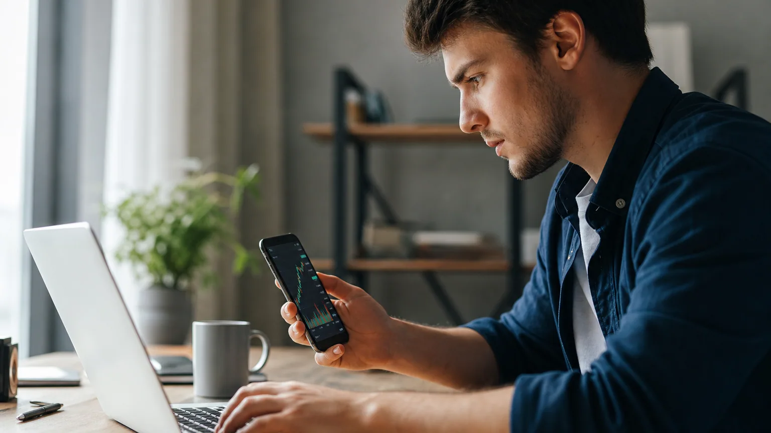 Une personne consulte des graphiques financiers sur son ordinateur portable et son téléphone à domicile