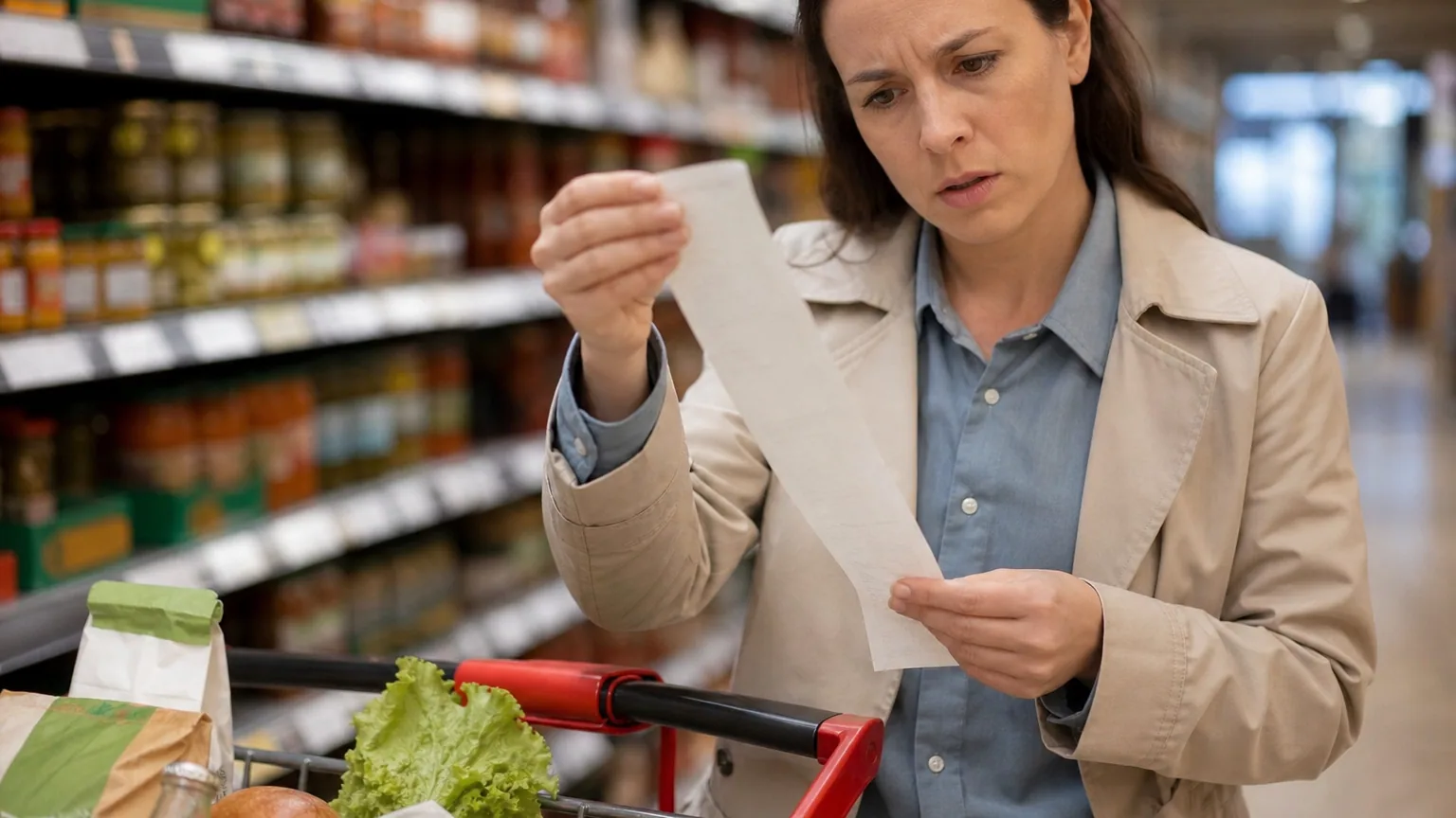 Une femme examine son ticket de caisse dans un supermarché, l'air préoccupé