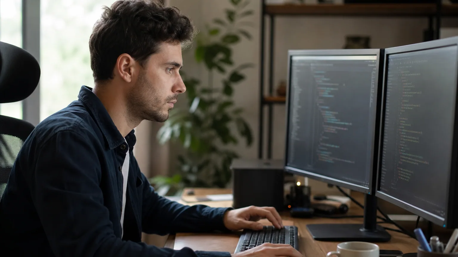 Une développeuse concentrée devant deux écrans affichant du code source dans un bureau lumineux