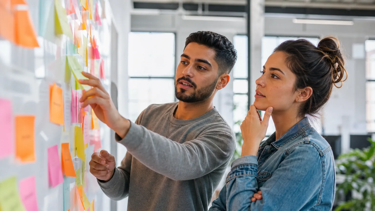 Deux entrepreneurs travaillant sur un tableau couvert de post-it pour structurer leur modèle économique