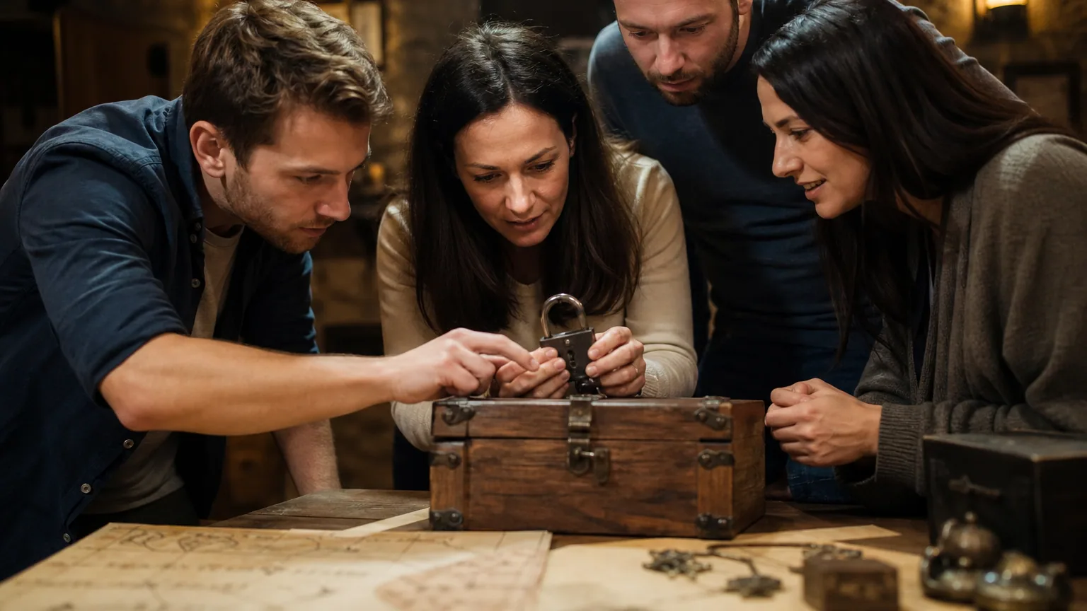 Quatre joueurs concentrés cherchent des indices dans une salle d'escape game à l'ambiance feutrée