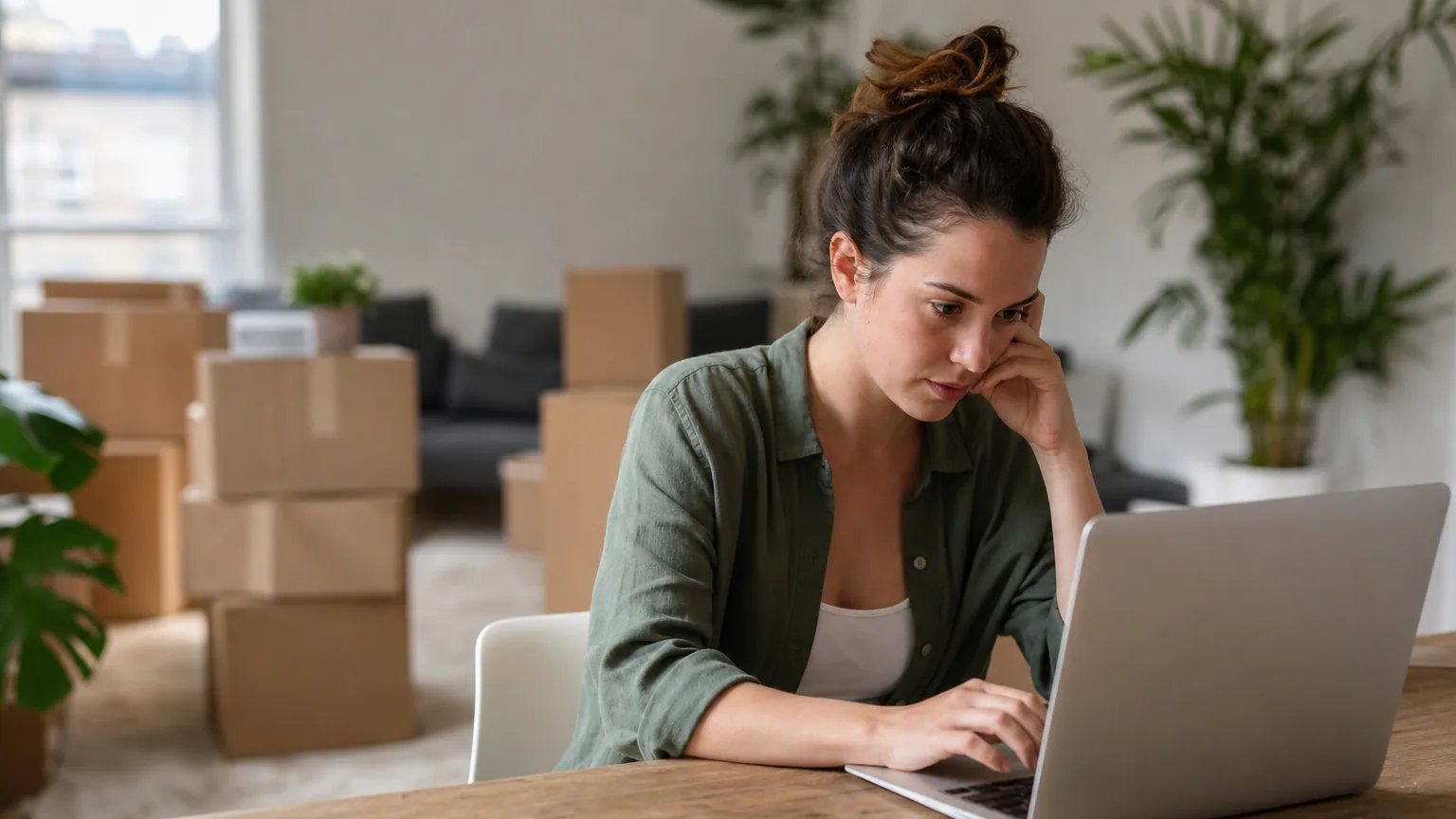 Une personne remplit un formulaire de changement d'adresse sur un ordinateur portable, cartons de déménagement en arrière-plan