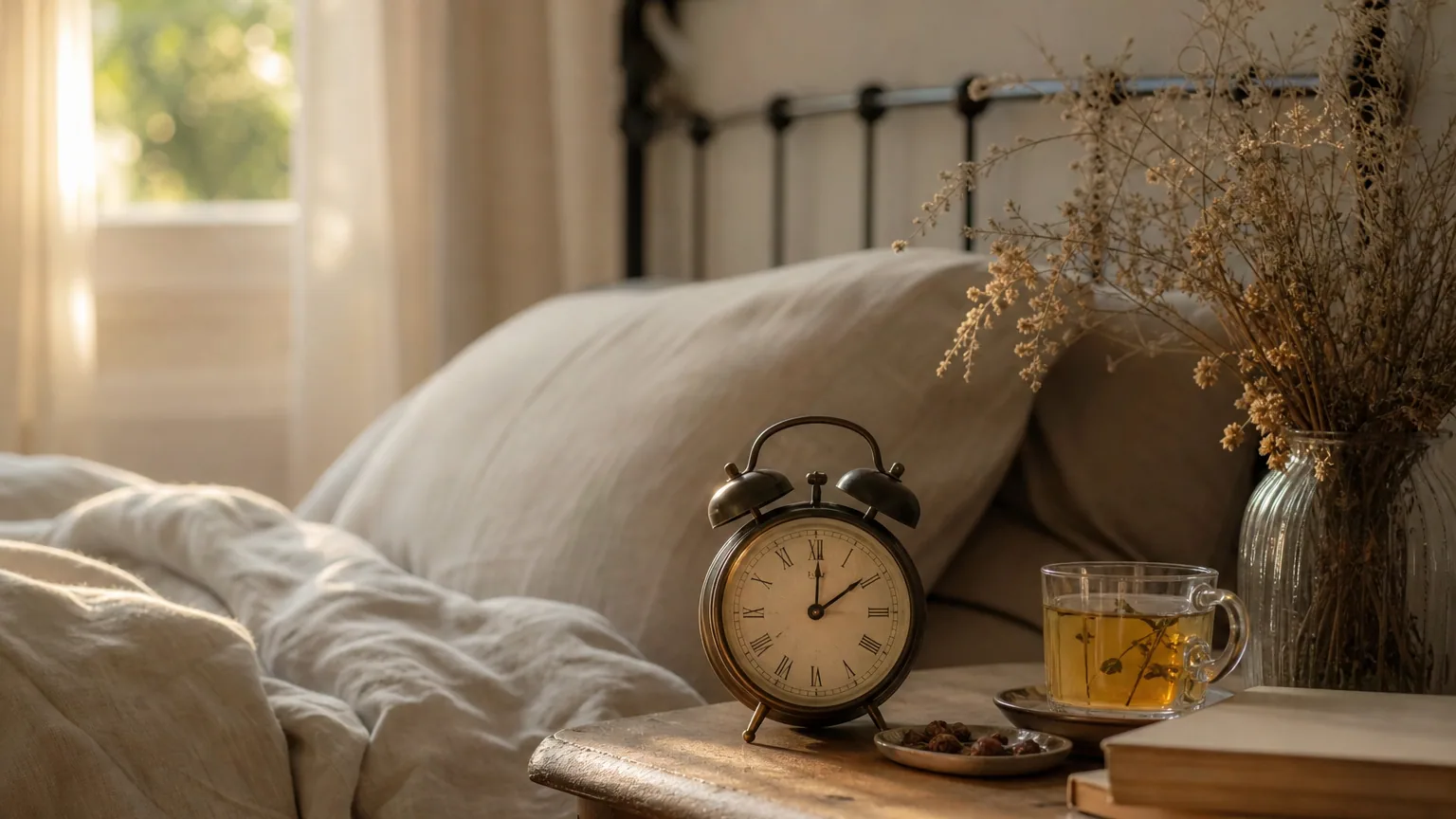 Réveil analogique posé sur une table de nuit à côté d'un lit au petit matin d'automne