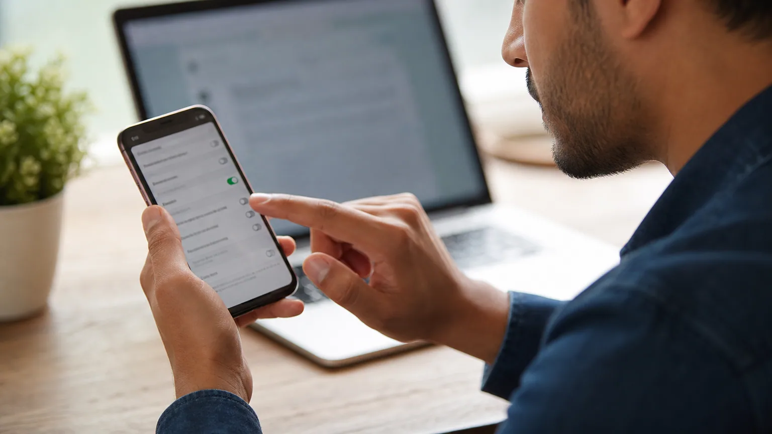 Une personne modifie les réglages de son navigateur sur smartphone, un ordinateur portable en arrière-plan