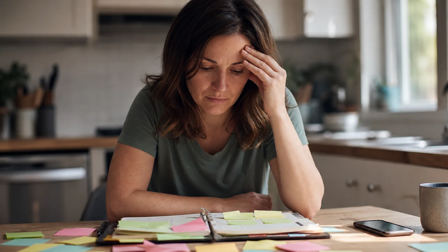 Une femme assise à la table de cuisine, entourée de post-it et d'un agenda, le regard pensif
