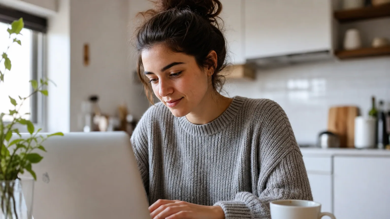 Une personne utilise ChatGPT sur un ordinateur portable à la maison, le matin